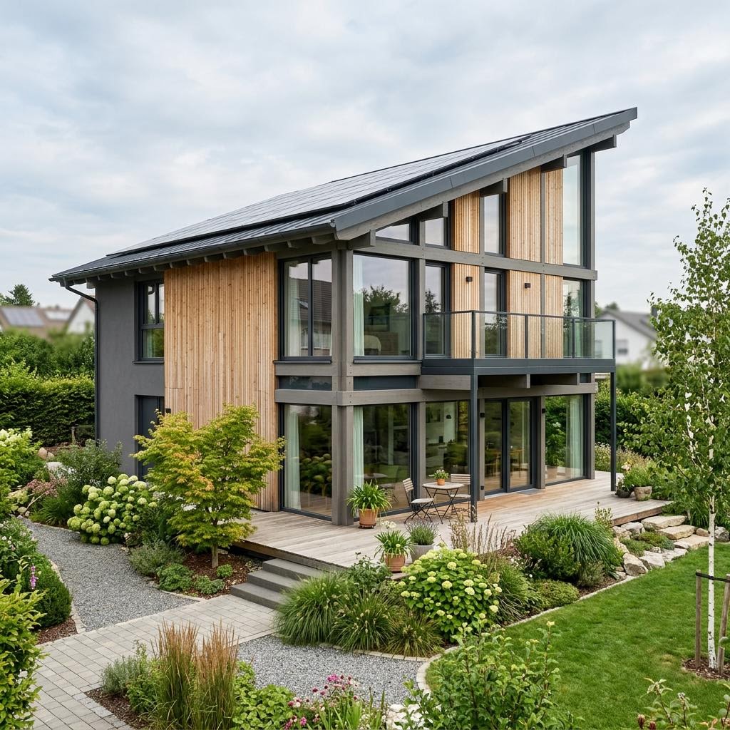 Pultdachhaus PultART 172 von HUF HAUS im Fachwerk-Stil mit versetztem Dach und Photovoltaik