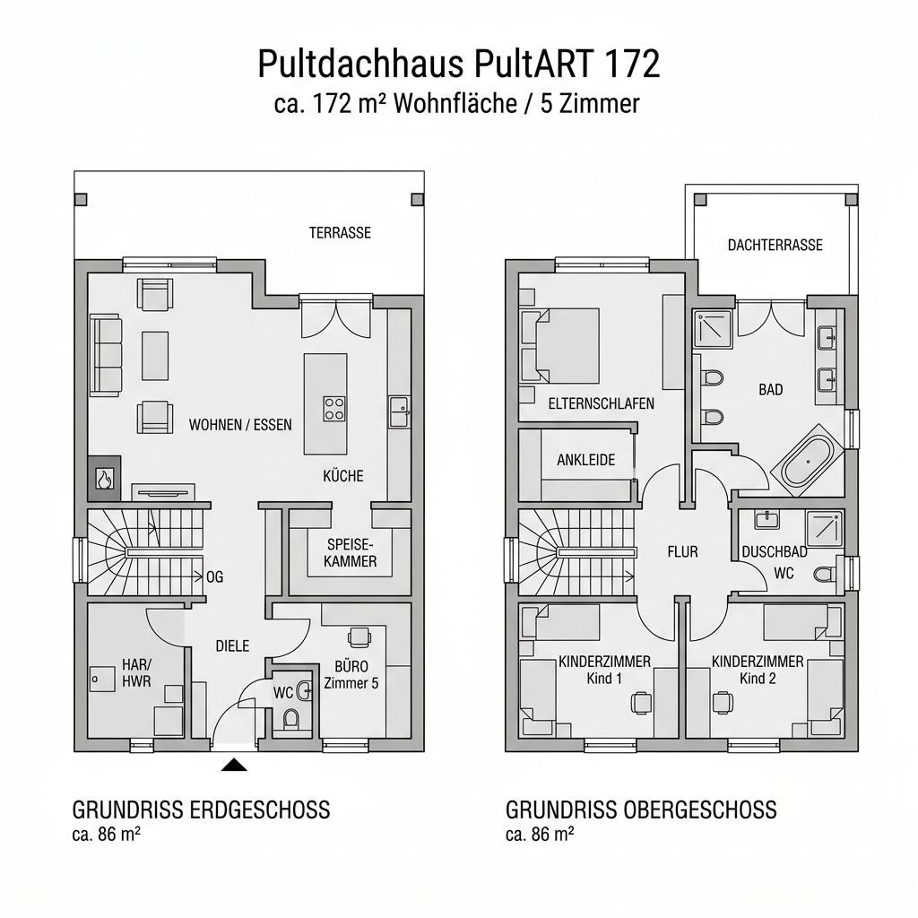Grundriss PultART 172 von HUF HAUS — 172 m², 5 Zimmer