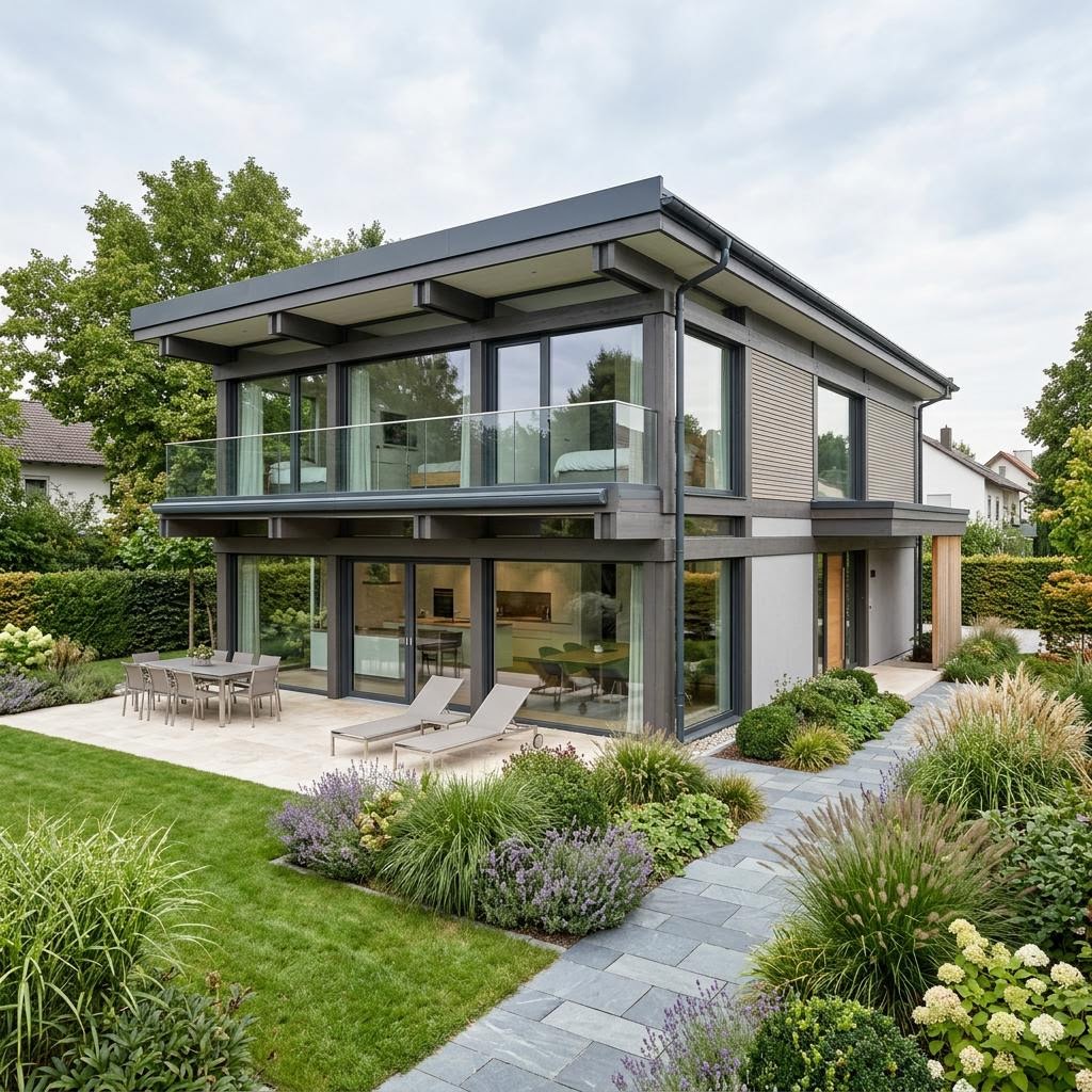 Luxusvilla Signature Lago 218 von HUF HAUS mit Flachdach und auskragendem Obergeschoss