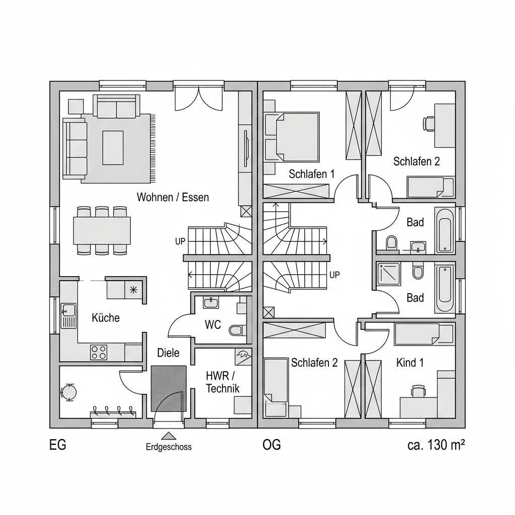 Grundriss Doppelhaus KlimaDuo 130 – 130 m² Doppelhaus mit 4 Zimmern