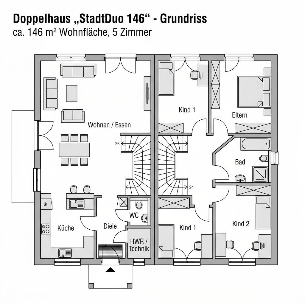 Grundriss Doppelhaus StadtDuo 146 – 146 m² Doppelhaus mit 5 Zimmern