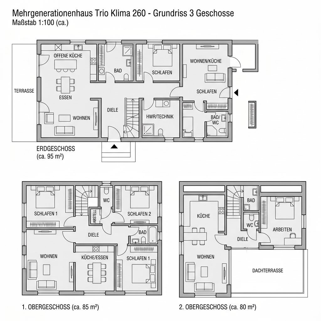 Grundriss Mehrgenerationenhaus Trio Klima 260 – 260 m² Mehrgenerationenhaus mit 10 Zimmern