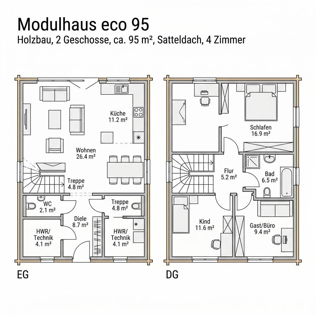 Grundriss Modulhaus eco 95 – 95 m² Modulhaus mit 4 Zimmern