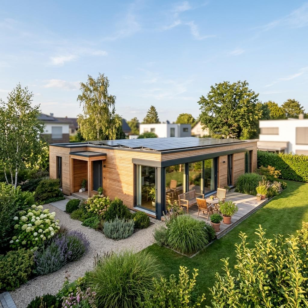 Klimafreundliches Modulhaus Klima 100 von kampa mit Flachdach und Photovoltaik