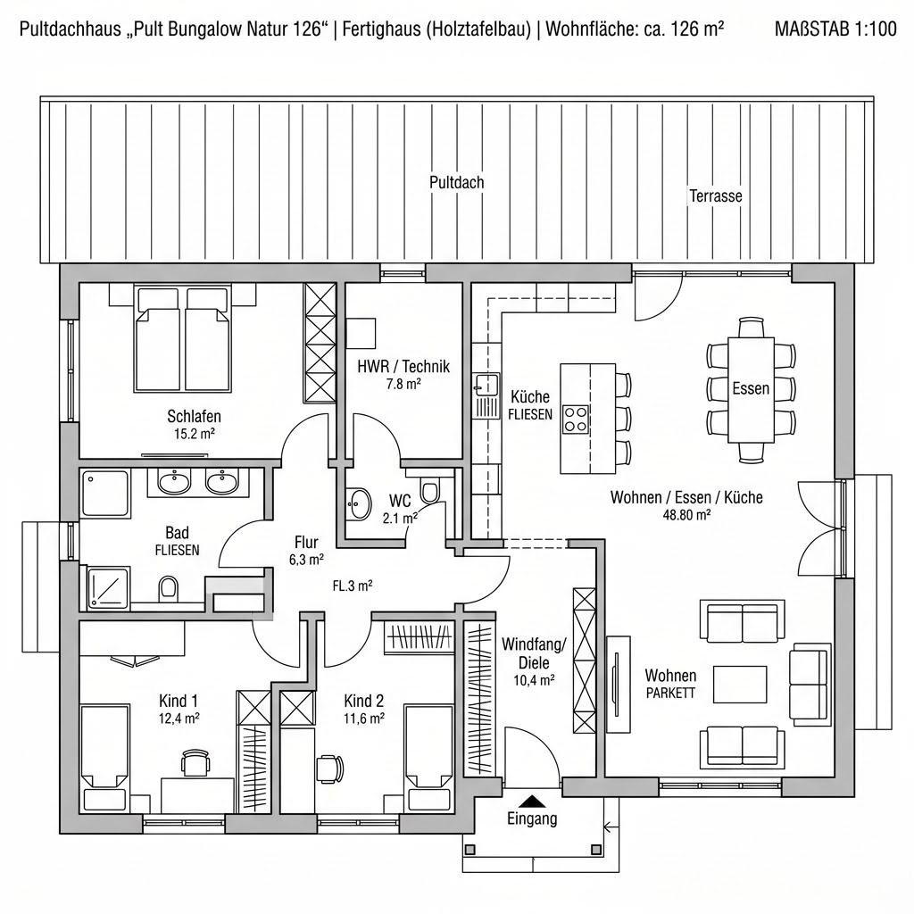 Grundriss Pult Bungalow Natur 126 – 126 m² Pultdachhaus mit 4 Zimmern