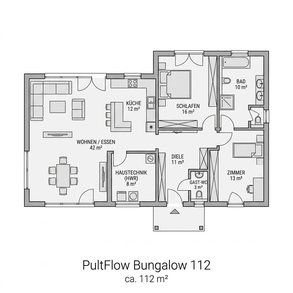 Grundriss PultFlow Bungalow 112 – 112 m² Pultdachhaus mit 4 Zimmern
