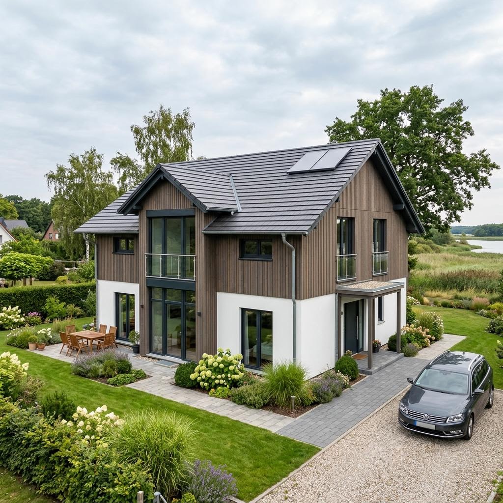 Kapitänshaus Boddenblick 166 von Kaphaus Nord mit breitem Zwerchhaus und Panoramafenstern