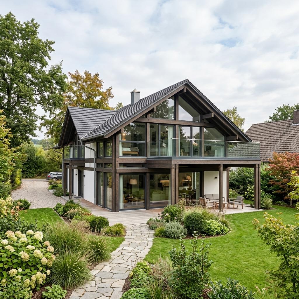 Modernes Fachwerkhaus Glashaus 176 von KD-Haus aus Holz und Glas mit Satteldach