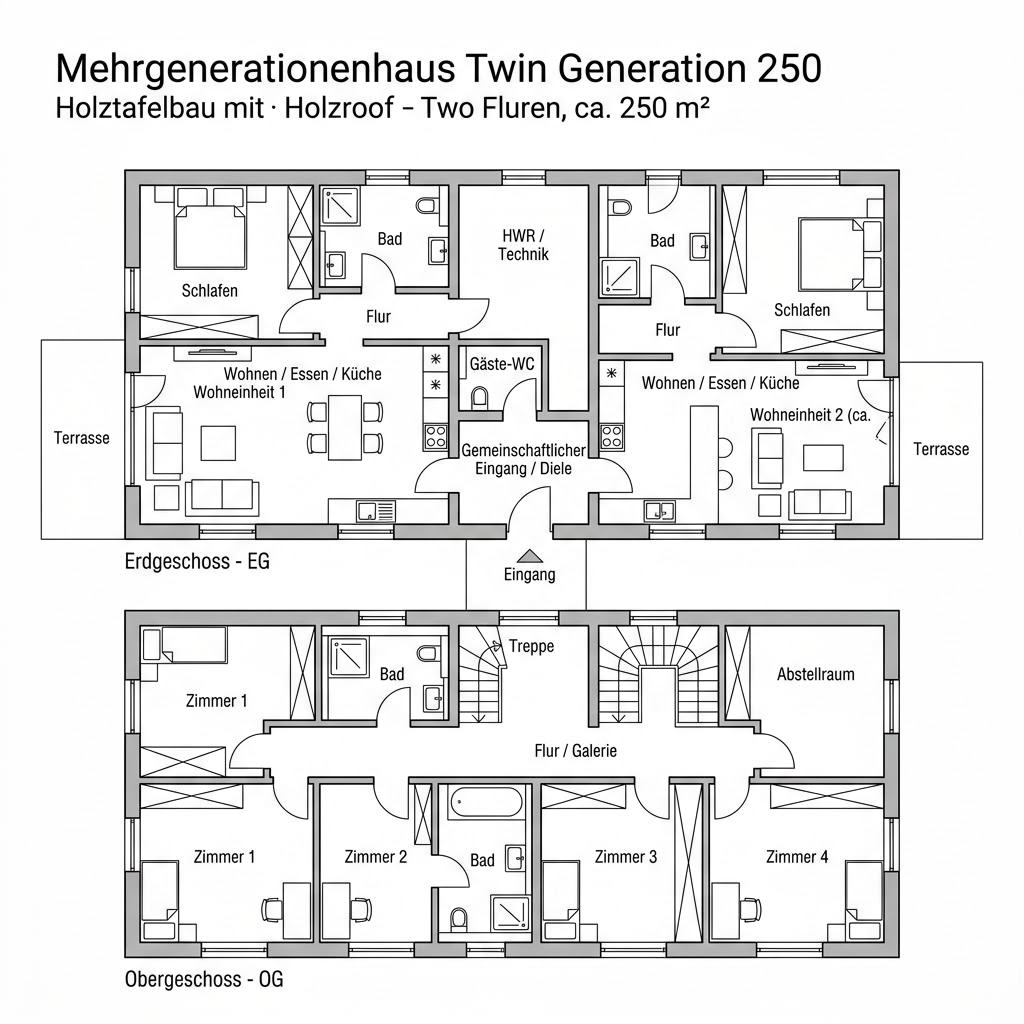 Grundriss Mehrgenerationenhaus Twin Generation 250 – 250 m² Mehrgenerationenhaus mit 9 Zimmern