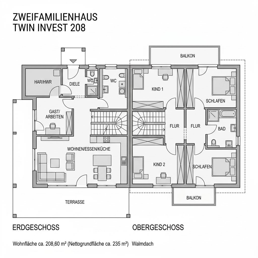 Grundriss Zweifamilienhaus Twin Invest 208 – 208 m² Zweifamilienhaus mit 8 Zimmern