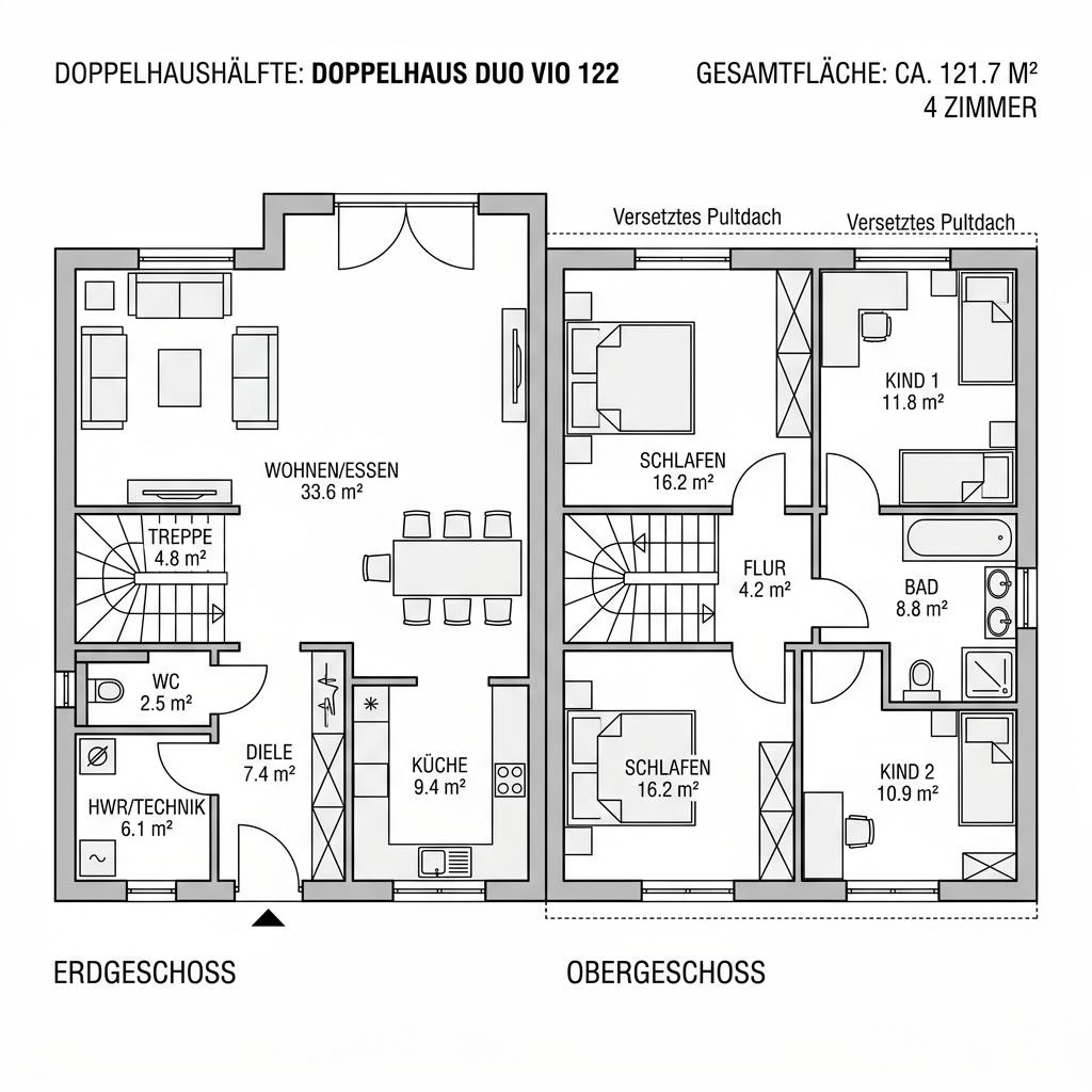 Grundriss Doppelhaus Duo Vio 122 – 122 m² Doppelhaushälfte mit 4 Zimmern
