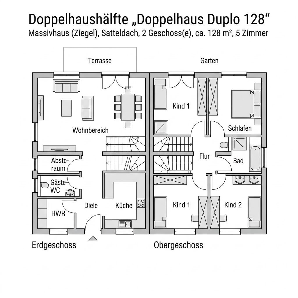 Grundriss Doppelhaus Duplo 128 – 128 m² Doppelhaushälfte mit 5 Zimmern