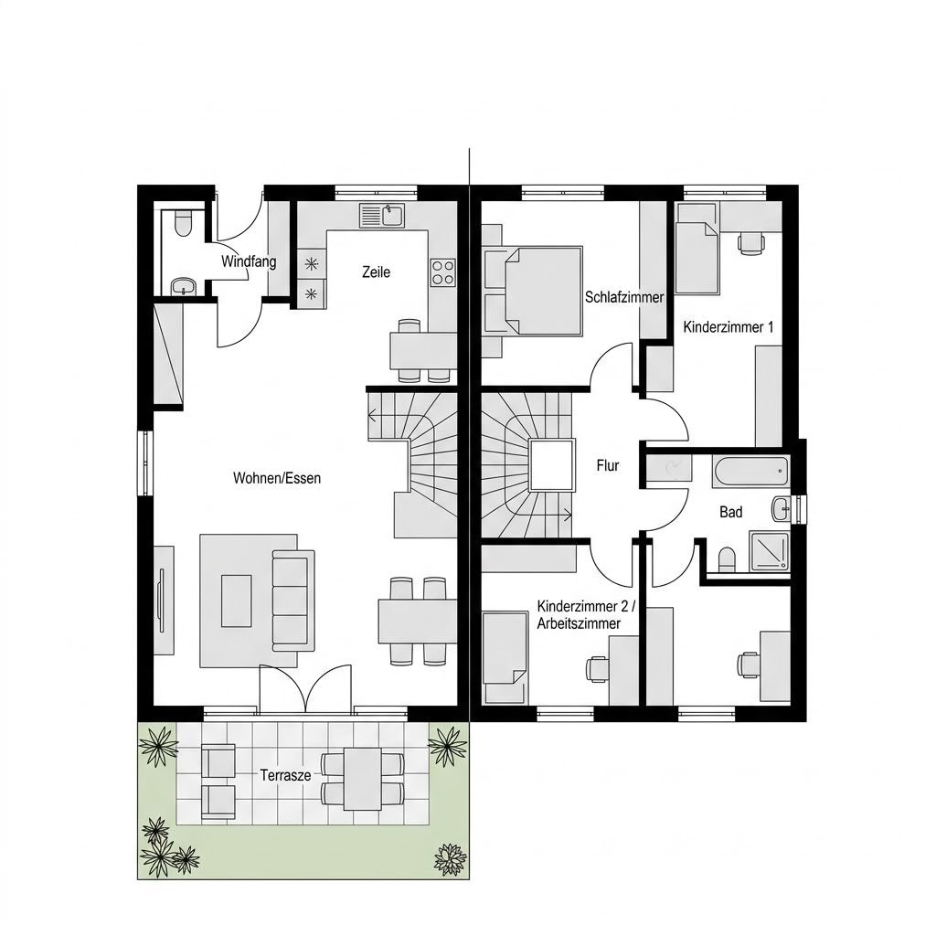 Grundriss Reihenmittelhaus Vero R130 von Kern-Haus — 130 m², 5 Zimmer