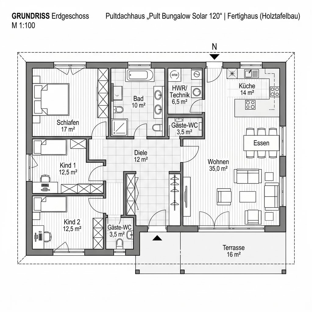 Grundriss Pult Bungalow Solar 120 – 120 m² Pultdachhaus mit 4 Zimmern