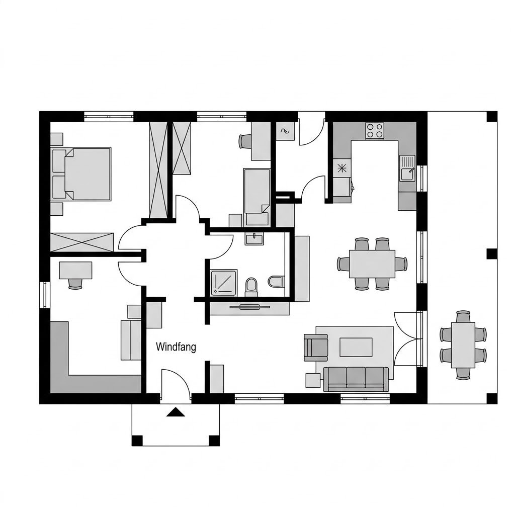 Grundriss Chalet-Bungalow Waldheim – 96 m² Bungalow mit 3 Zimmern