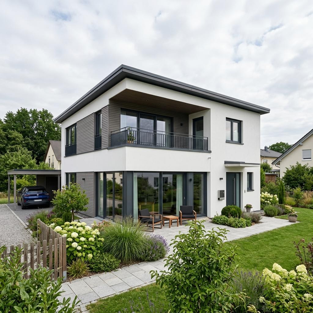 Flachdachhaus Solution Flat 158 V3 von Living Fertighaus mit Flachdach — Holzfertighaus mit 158 m² und Dachterrasse