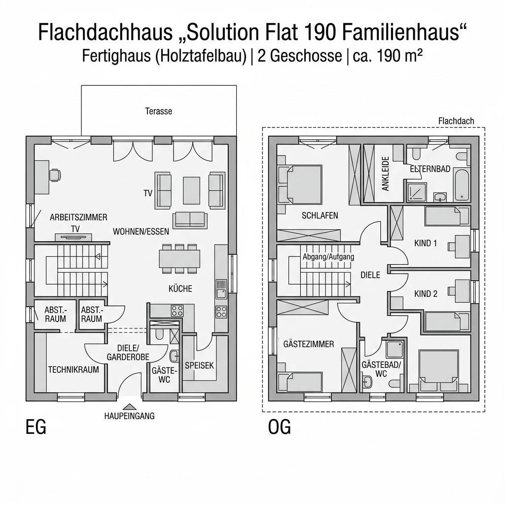 Grundriss Solution Flat 190 Familienhaus von Living Fertighaus — 190 m², 7 Zimmer