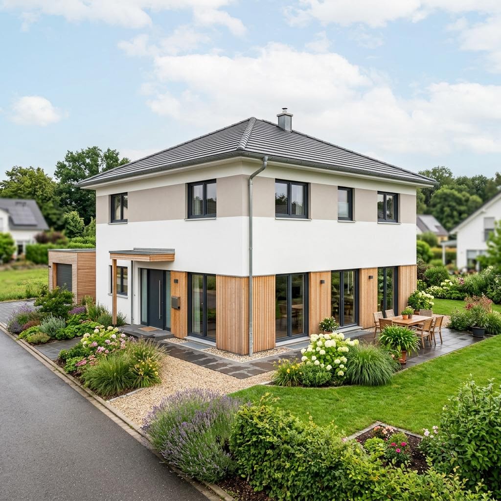 Stadtvilla Domus Fina 146 von LUXHAUS mit Walmdach und Smart-Home-Technik