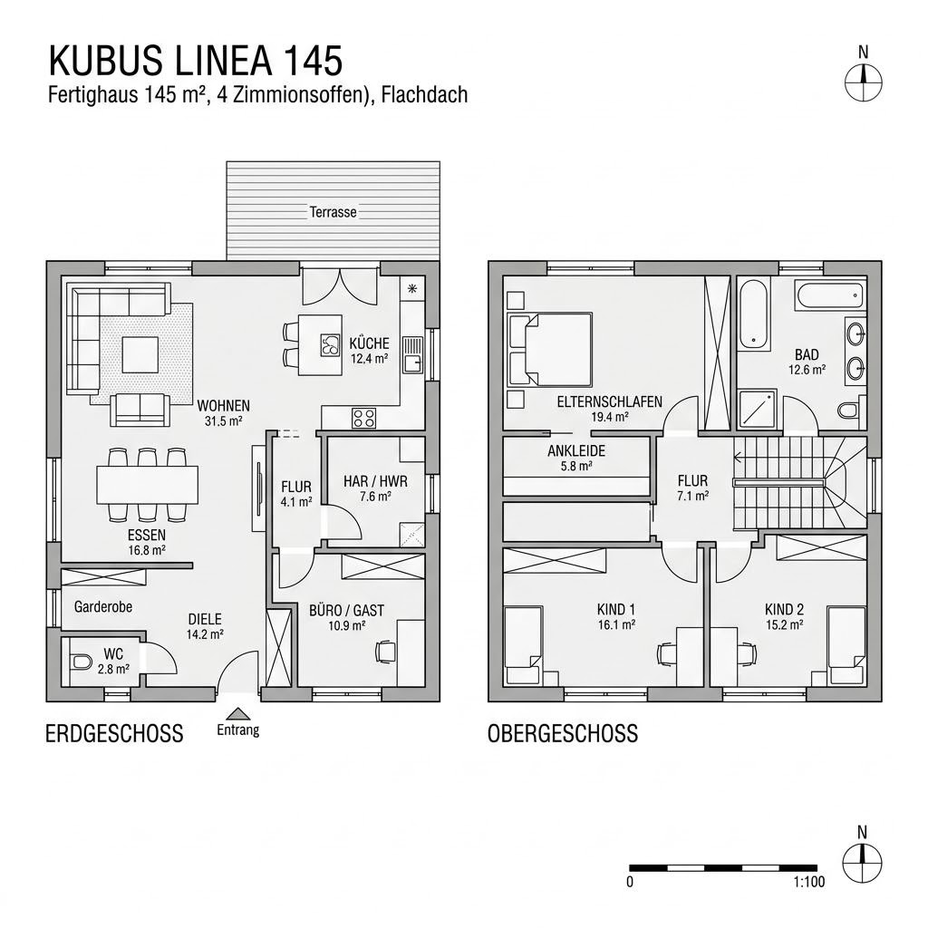 Grundriss Kubus Linea 145 – 145 m² Kubushaus mit 4 Zimmern