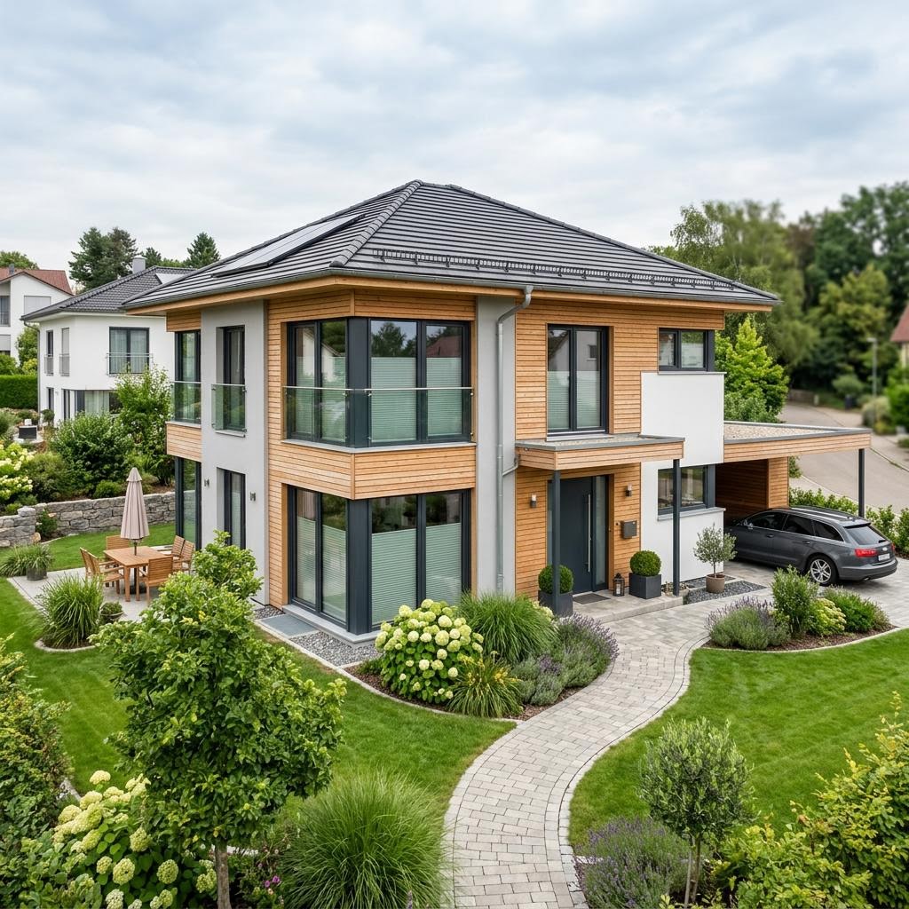 Luxusvilla Prestige Lignum 200 von LUXHAUS mit Walmdach und Suite