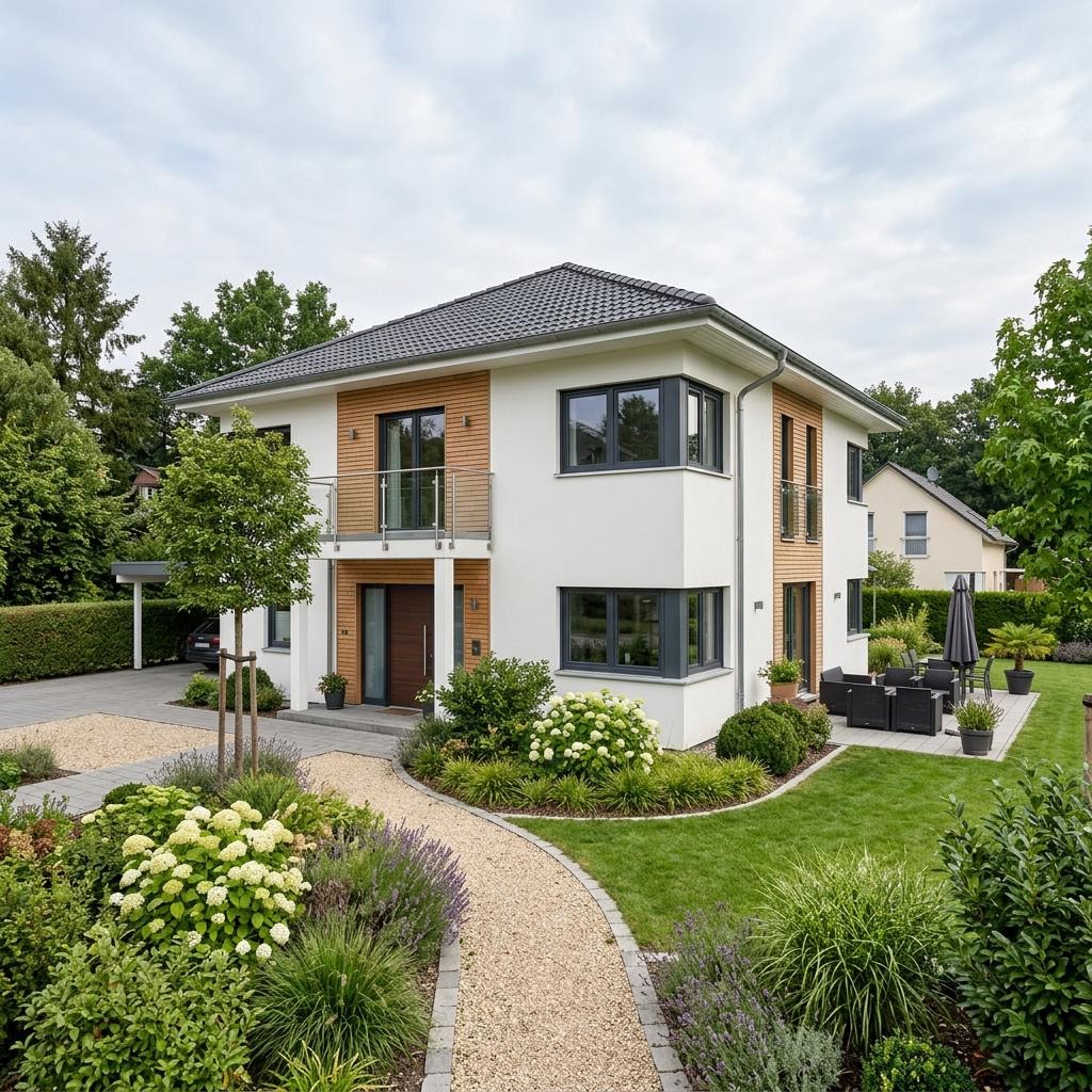 Stadtvilla Prisma Living 175 von LUXHAUS mit Walmdach und diffusionsoffener Holzbauweise