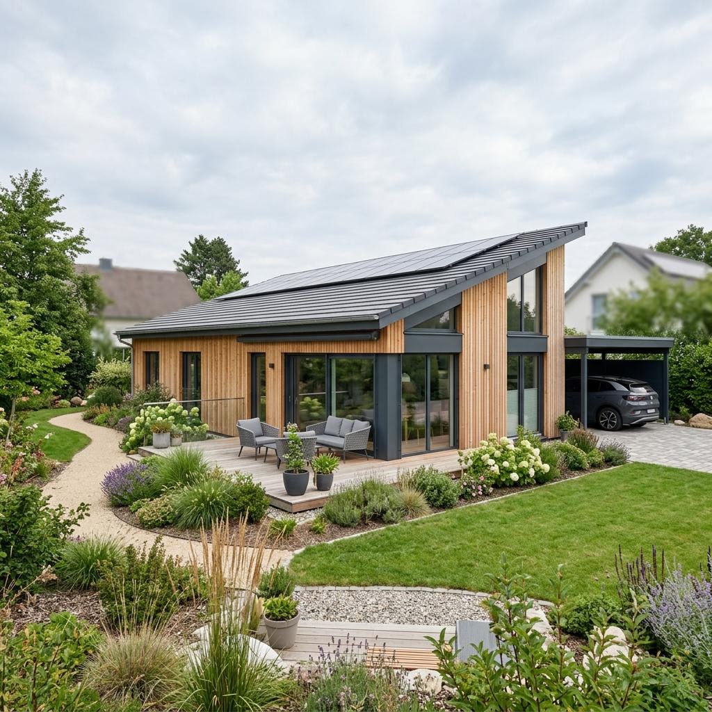 Pultdach-Bungalow Pult Bungalow Natur 140 von LUXHAUS mit diffusionsoffener Wand und Solardach