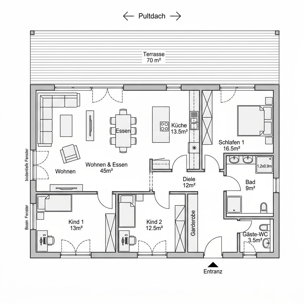 Grundriss Pult Bungalow Natur 140 von LUXHAUS — 140 m², 4 Zimmer