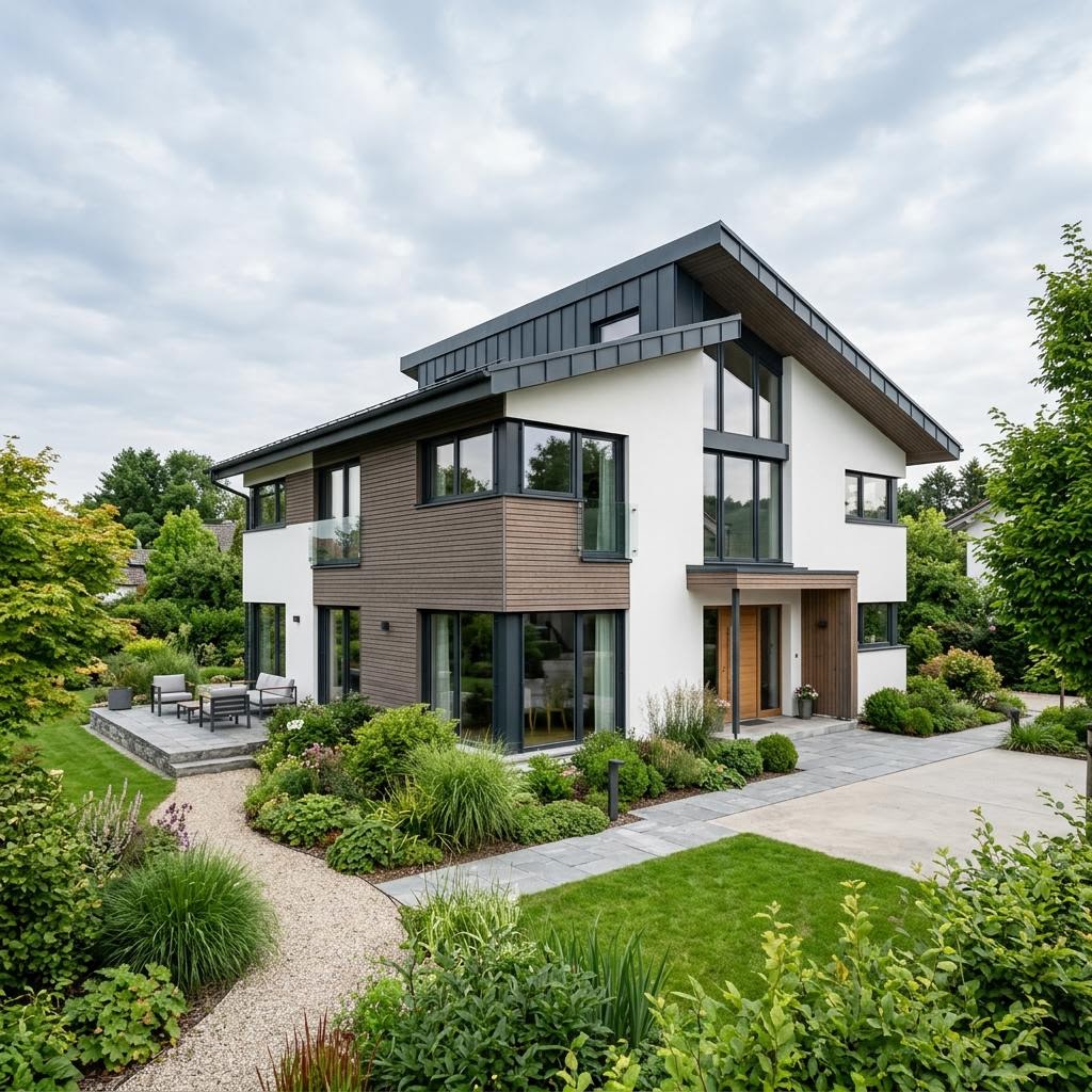 Pultdachhaus Versatz Pult 198 von LUXHAUS mit versetztem Pultdach und Lichtband