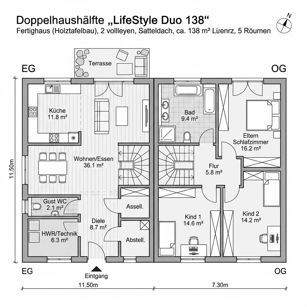 Grundriss LifeStyle Duo 138 von massa haus — 138 m², 5 Zimmer