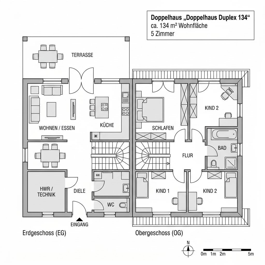Grundriss Doppelhaus Duplex 134 – 134 m² Doppelhaus mit 5 Zimmern
