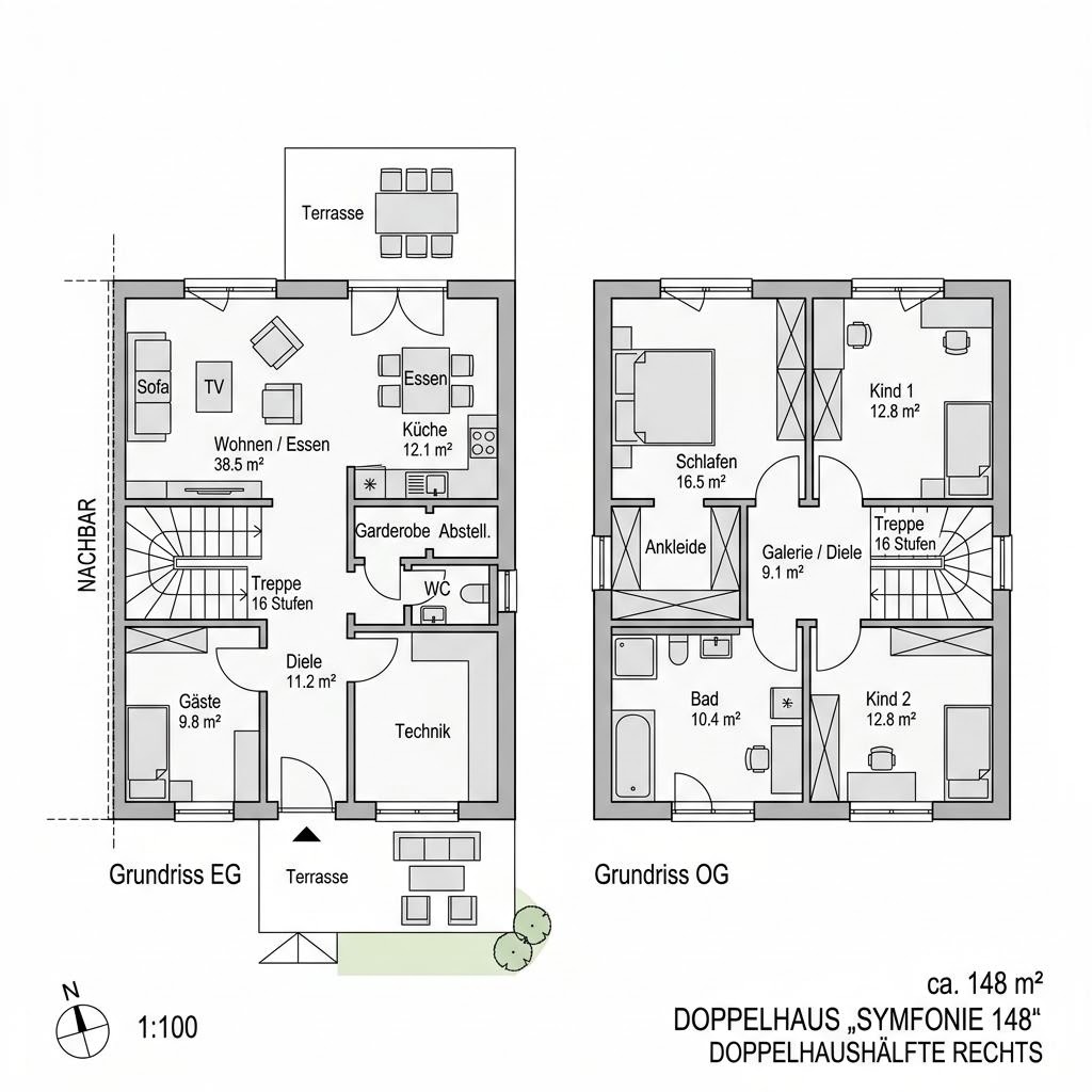 Grundriss Doppelhaus Symfonie 148 – 148 m² Doppelhaus mit 6 Zimmern