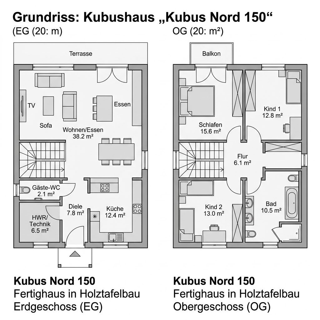 Grundriss Kubus Nord 150 – 150 m² Kubushaus mit 5 Zimmern