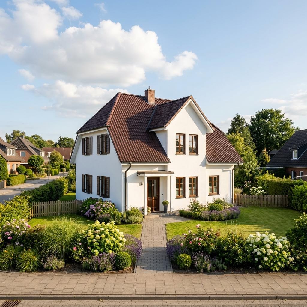 Friesenhaus Friesenland von Nordic Haus mit weißer Putzfassade und Sprossenfenstern