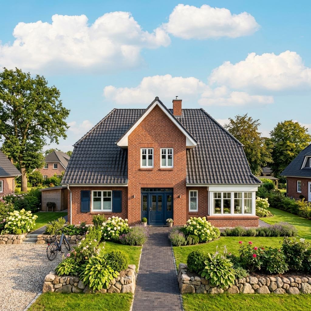 Friesenhaus Marschhof von Nordic Haus mit rotem Klinker und Krüppelwalmdach