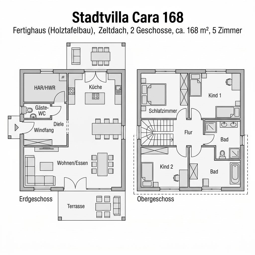 Grundriss Stadtvilla Cara 168 – 168 m² Stadtvilla mit 5 Zimmern