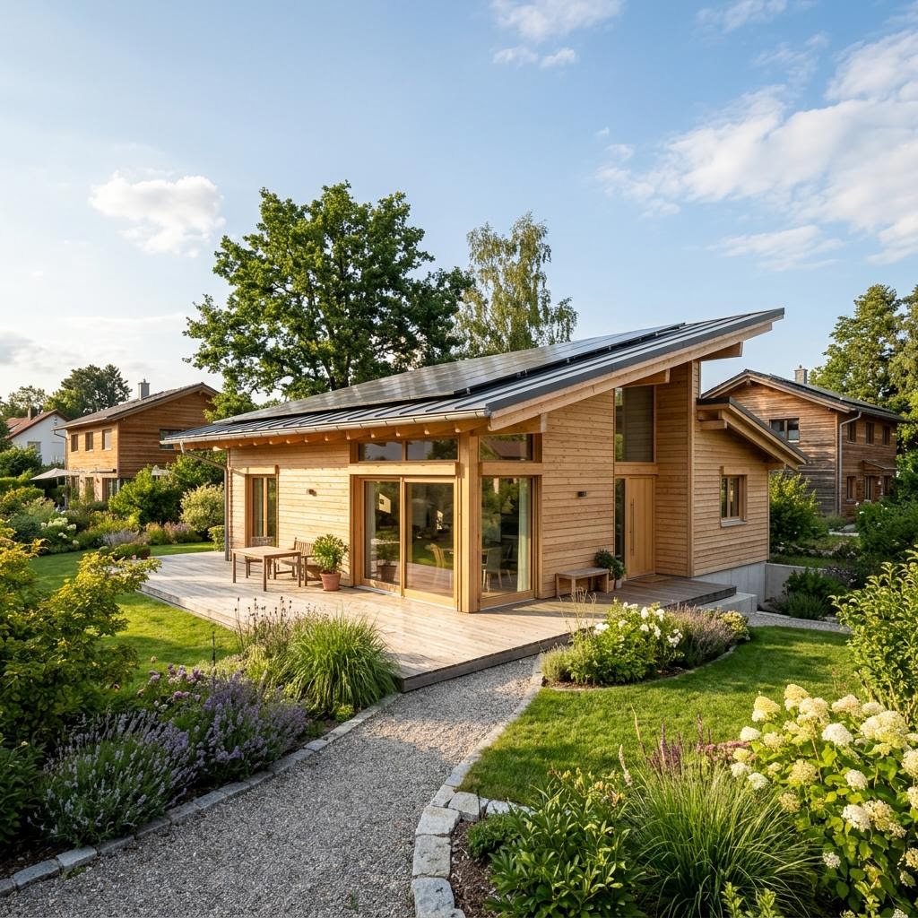 Ebenerdiges Holzhaus Almblick 118 von Petershaus mit Pultdach und Massivholzwand