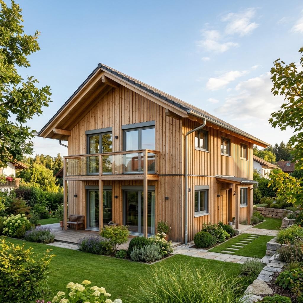 Holzhaus Ammersee 138 von regnauer mit Satteldach und Massivholzfassade