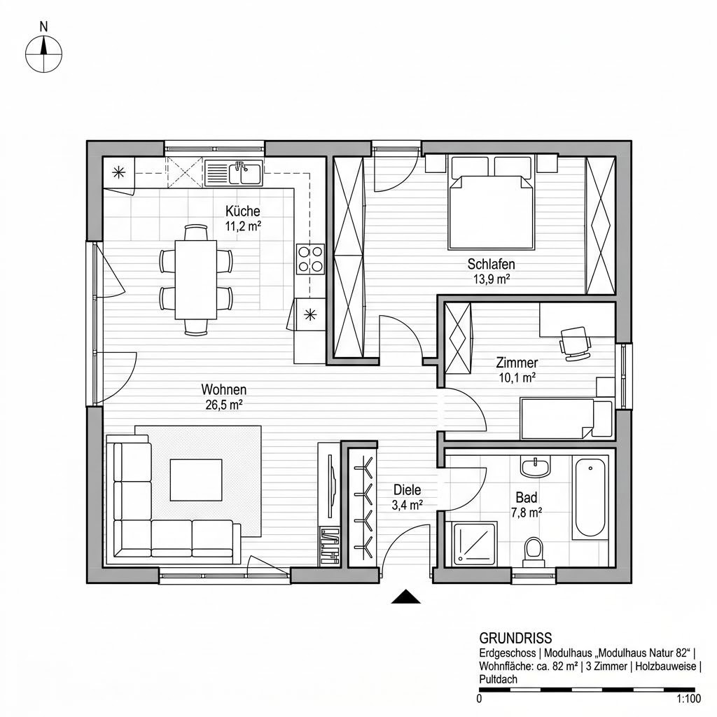 Grundriss Modulhaus Natur 82 – 82 m² Modulhaus mit 3 Zimmern