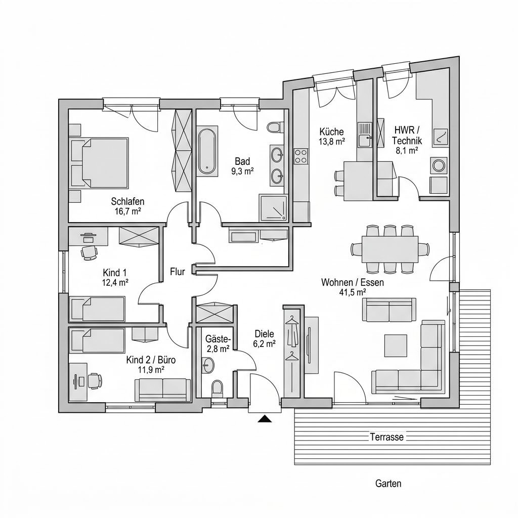 Grundriss PultNatur Bungalow 130 – 130 m² Pultdachhaus mit 4 Zimmern