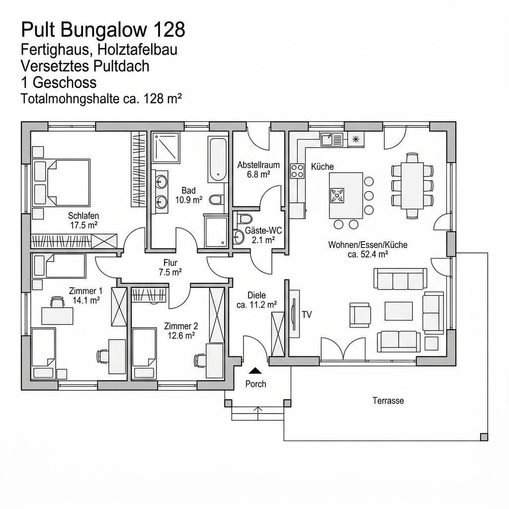 Grundriss Pult Bungalow 128 – 128 m² Pultdachhaus mit 4 Zimmern