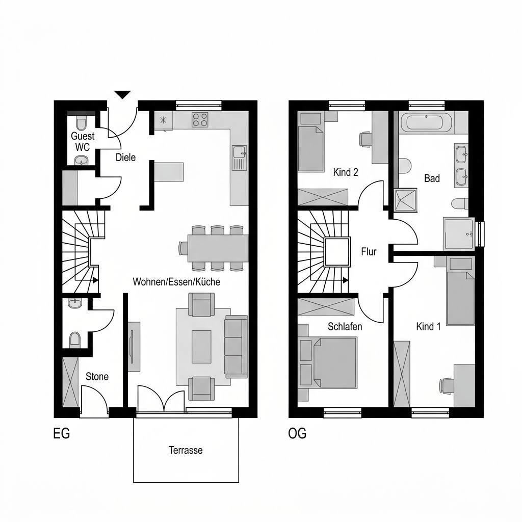 Grundriss Reihenmittelhaus Clou R128 von RENSCH-HAUS — 128 m², 4 Zimmer