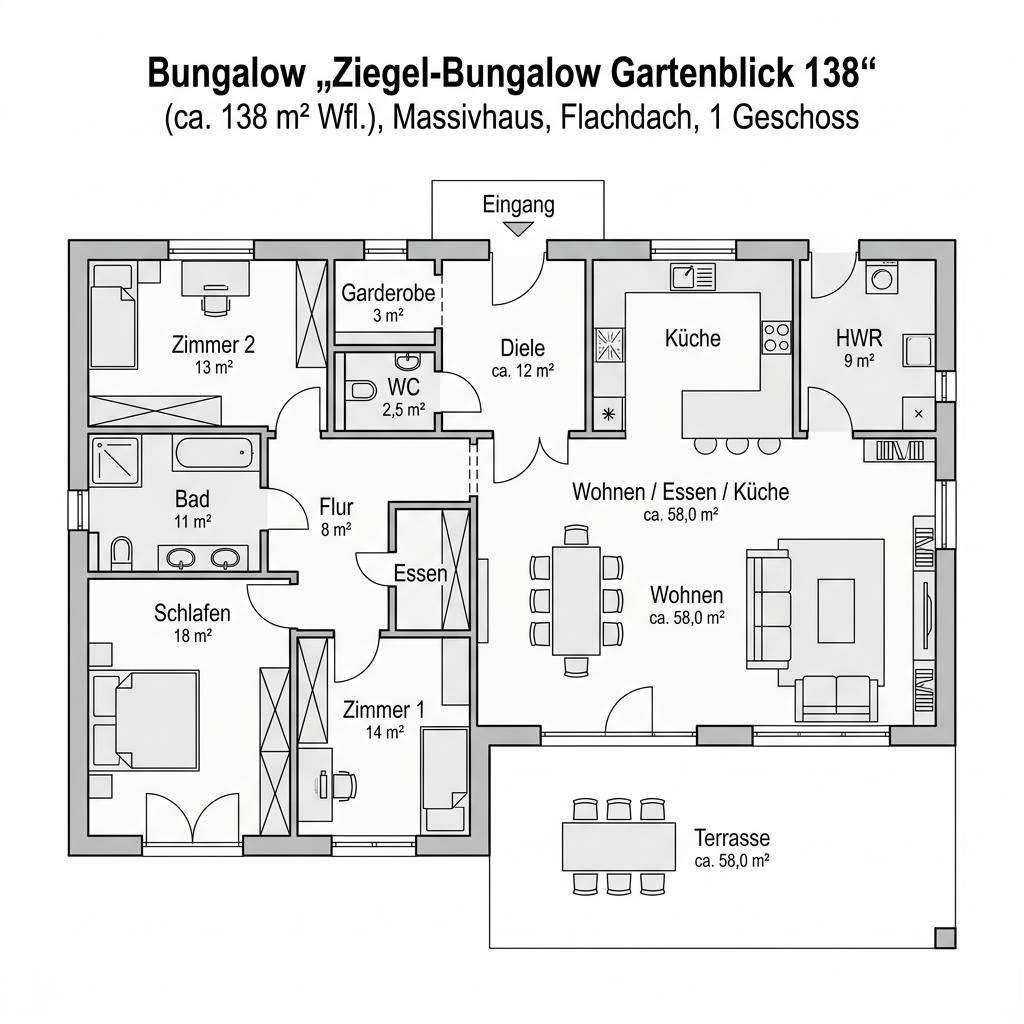 Grundriss Ziegel-Bungalow Gartenblick 138 – 138 m² Bungalow mit 4 Zimmern