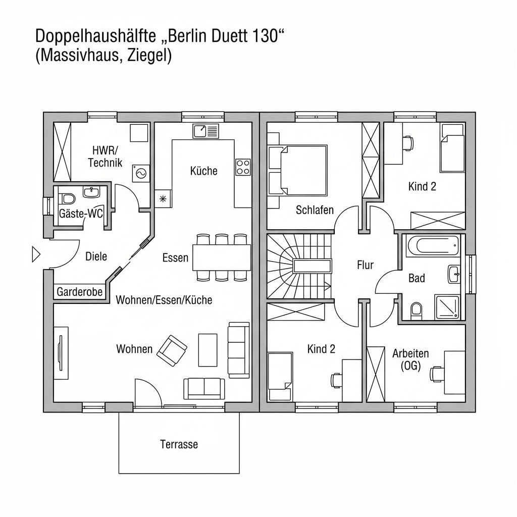 Grundriss Berlin Duett 130 – 130 m² Doppelhaushälfte mit 5 Zimmern