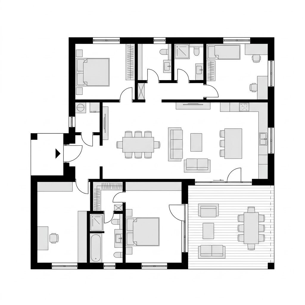 Grundriss Bungalow Nordwind 118 von ScanHaus Marlow — 118 m², 4 Zimmer