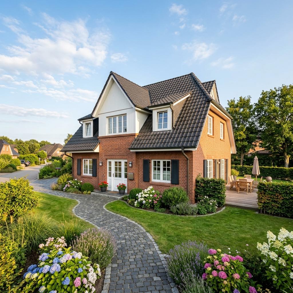 Friesenhaus Deichhof von ScanHaus Marlow mit rotem Klinker und Krüppelwalmdach