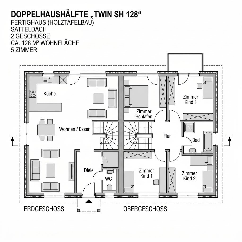 Grundriss Twin SH 128 – 128 m² Doppelhaushälfte mit 5 Zimmern