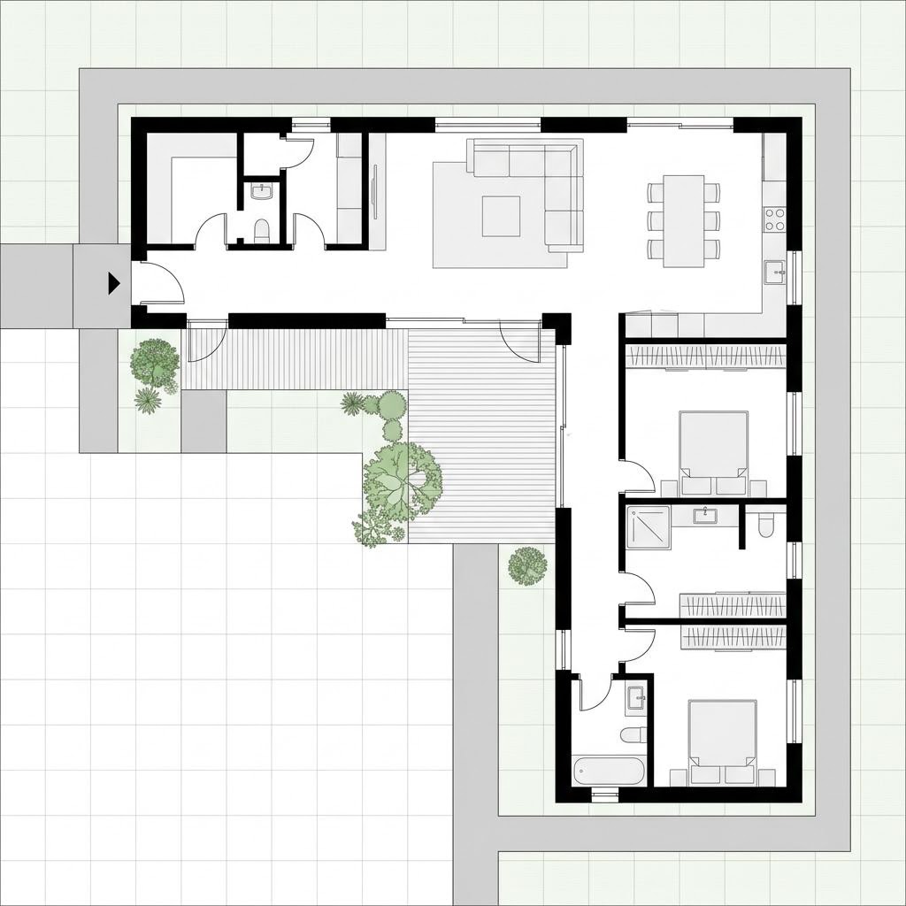 Grundriss Winkelbungalow WB 148 – 148 m² Winkelbungalow mit 5 Zimmern