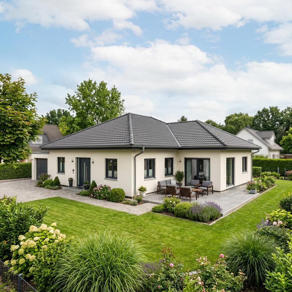 Bungalow-Grundriss 5 Zimmer: großer ebenerdiger Winkelbungalow als Neubau, Beispielmotiv