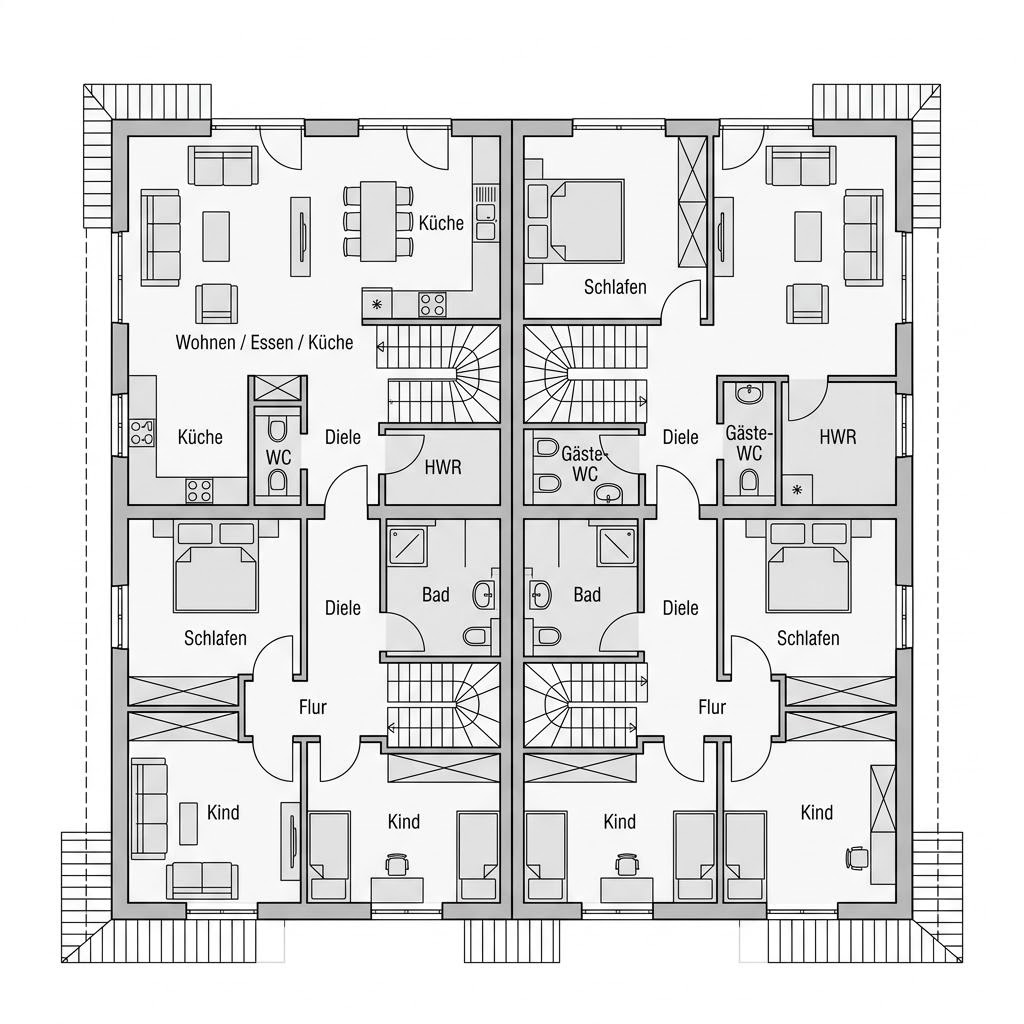 Grundriss Doppelhaus Fokus Duo 140 – 140 m² Doppelhaus mit 5 Zimmern