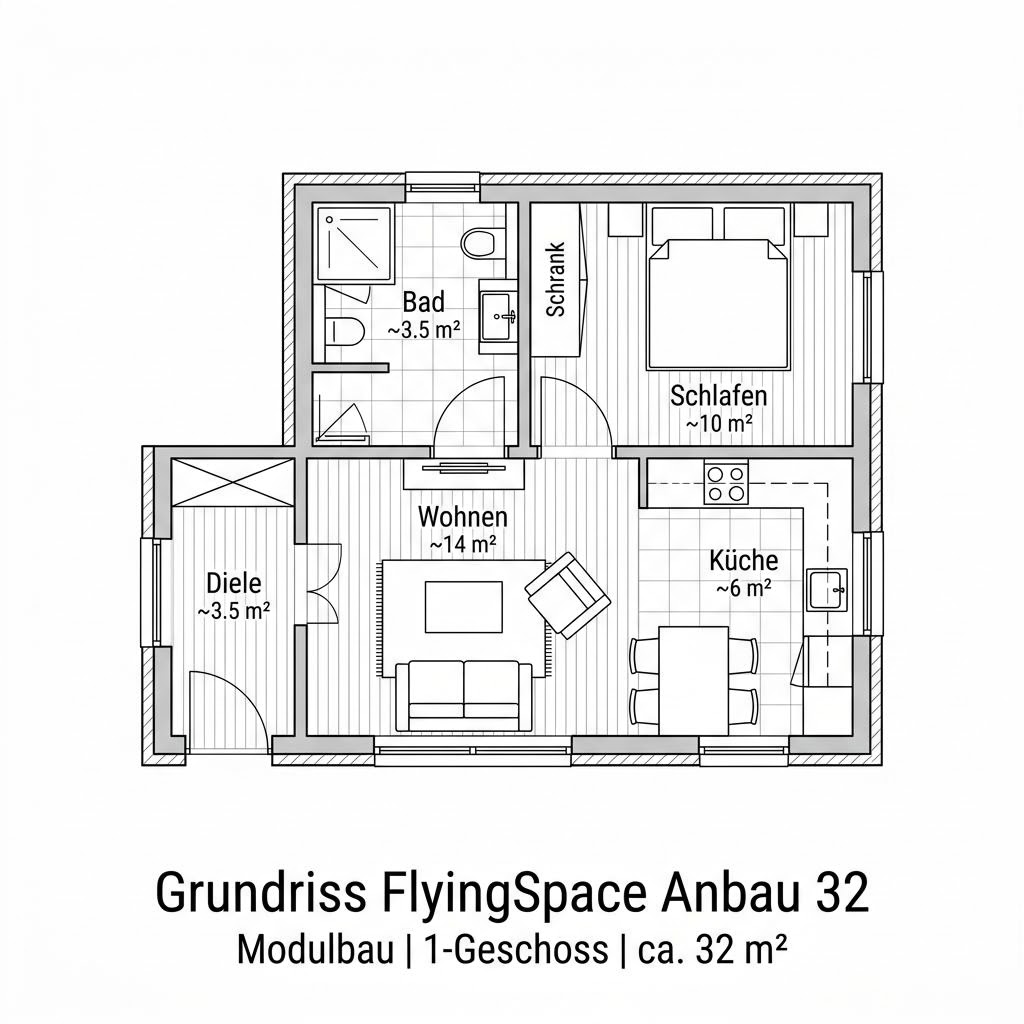 Grundriss FlyingSpace Anbau 32 von SchwörerHaus — 32 m², 2 Zimmer